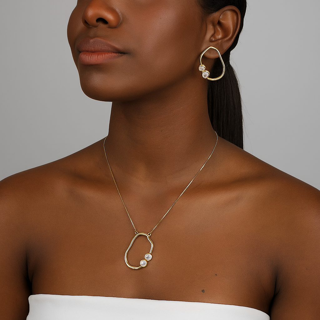 Conjunto Geométrico Aura - Colar e Brincos com Zircônia | FloraeHelena